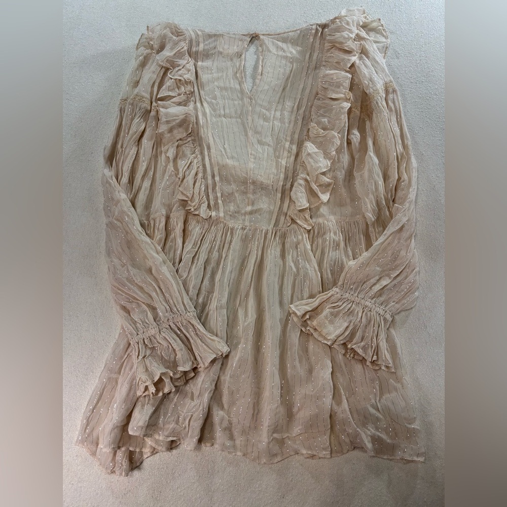 Maeve Anthropologie Sheer Ruffle Blouse Size 10 Cream Metallic Stripe Boho Top - Picture 3 of 7